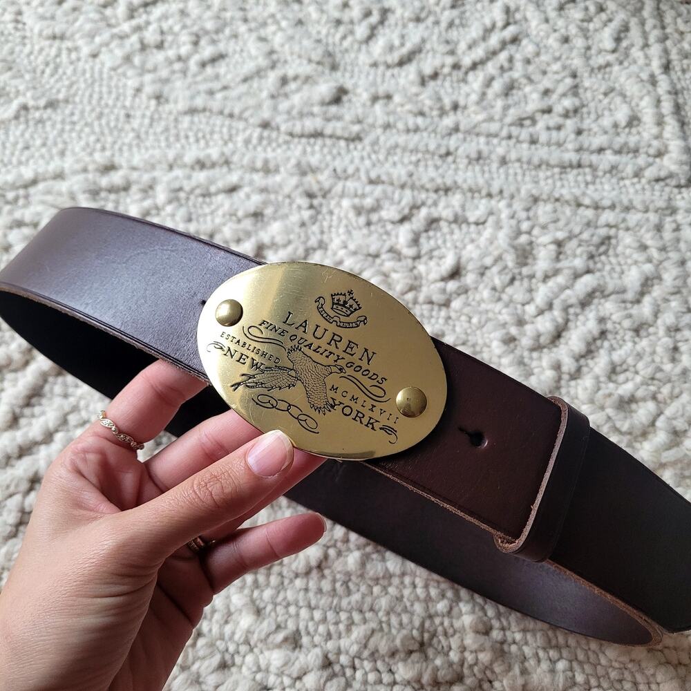 Lauren Ralph Lauren Brown Leather Belt with Brass Oval Logo Buckle